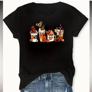 🎃 Short Sleeve T-Shirt Halloween Pumpkin Coffee Pattern